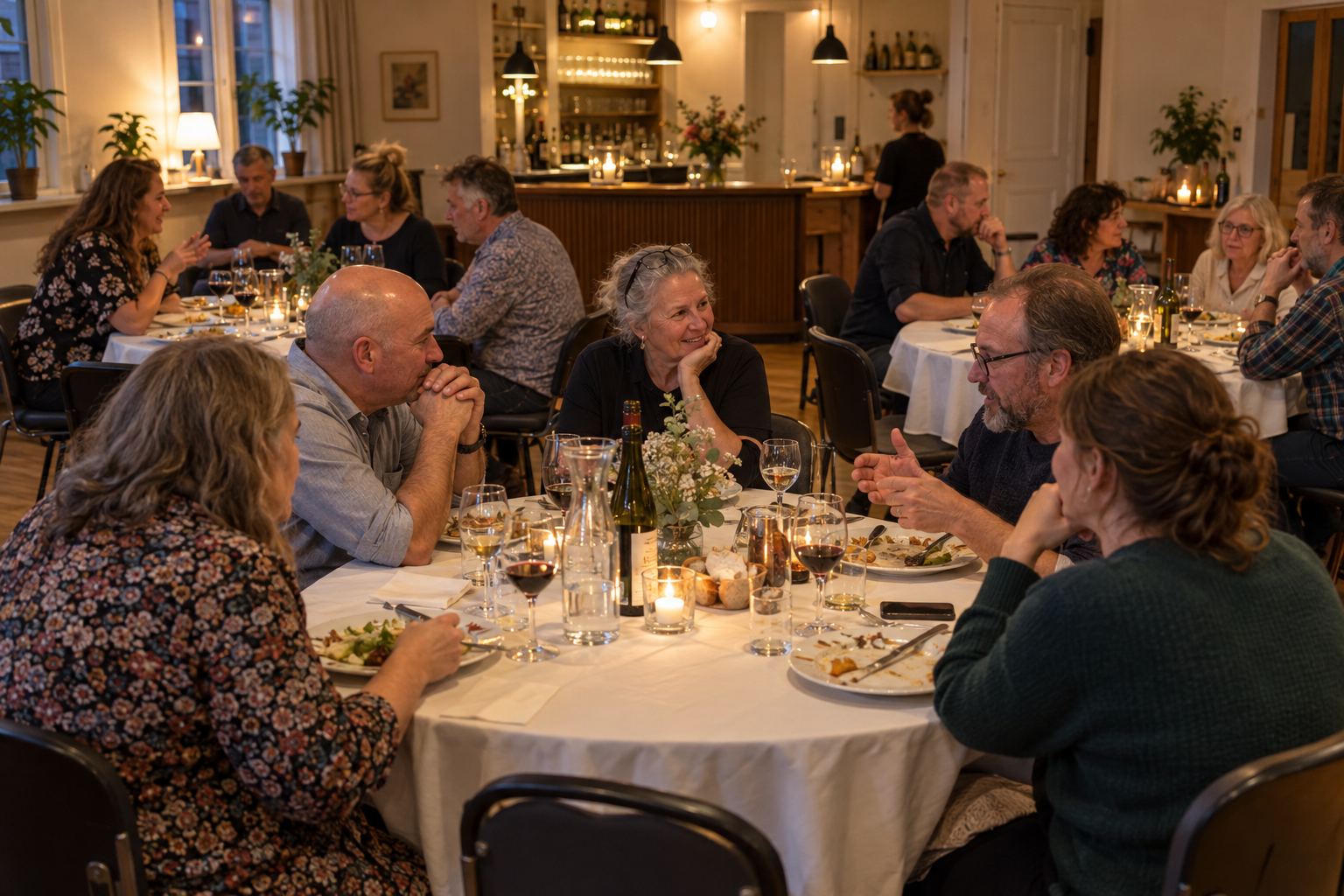 Hyggelige samtaler og middag ved runde borde